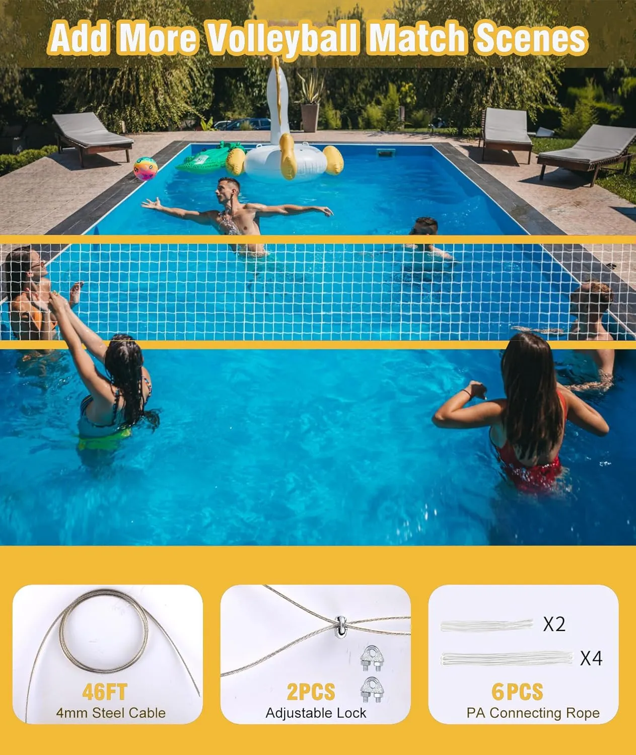 𝙉𝙀𝙒 Professional Volleyball Net Heavy Duty, 46 FT Aircraft Steel Cable, Upgraded Weather Resistant, Portable for Outdoor & Indoor, Pool, Trees, Backyard, Yard, Beach, Park, 32x3FT(Net Only)