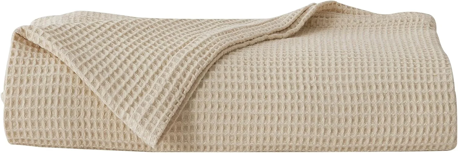 100% Cotton Blanket for King Size Bed - Tan Waffle Weave Lightweight Summer Bed Blanket - 102x90in Prewashed Breathable, Woven, Layering Blanket (King, Oatmeal)