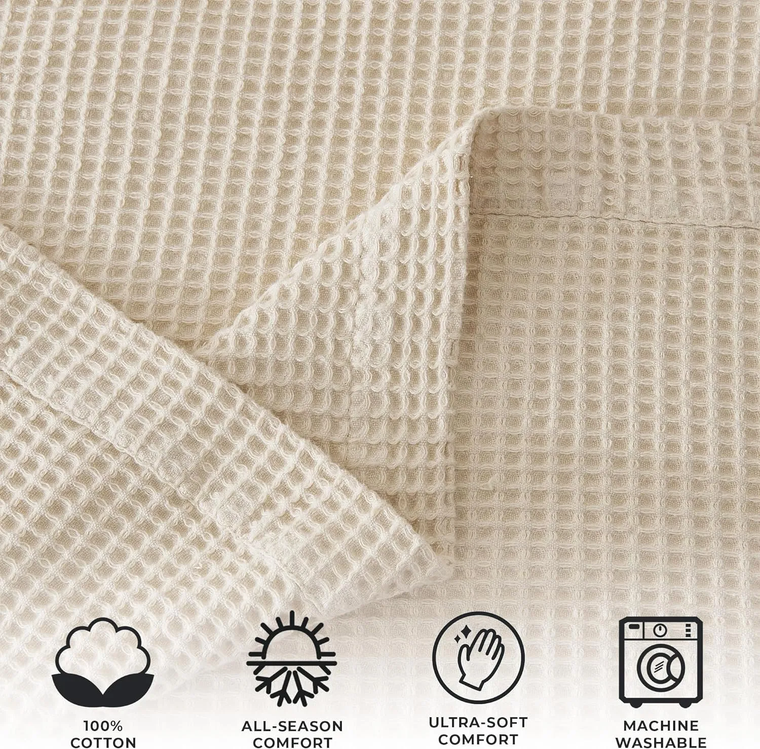 100% Cotton Blanket for King Size Bed - Tan Waffle Weave Lightweight Summer Bed Blanket - 102x90in Prewashed Breathable, Woven, Layering Blanket (King, Oatmeal)