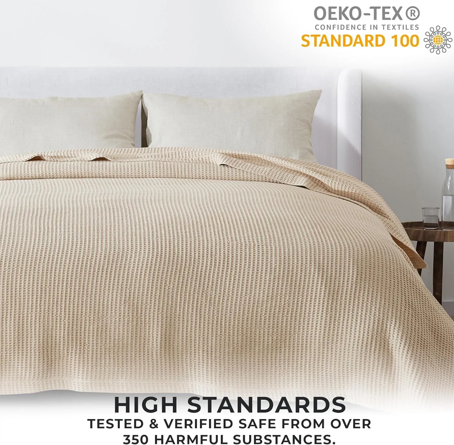 100% Cotton Blanket for King Size Bed - Tan Waffle Weave Lightweight Summer Bed Blanket - 102x90in Prewashed Breathable, Woven, Layering Blanket (King, Oatmeal)