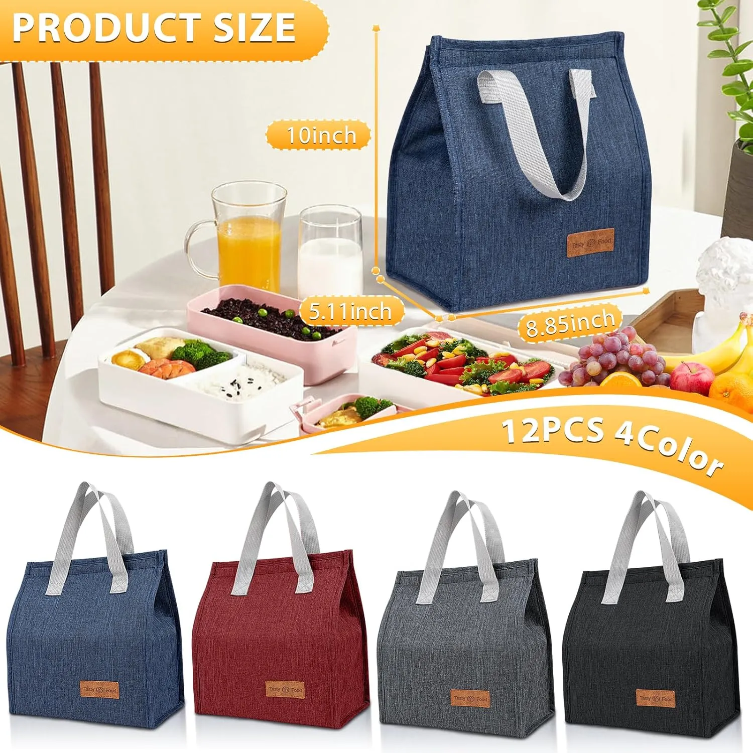 12 Pack Lunch Bags Bulk,Insulated Reusable Lunch Bags with Aluminum for Women Men,Leakproof Tote Large Lunch Box for Office,Work,Beach or Travel,Black