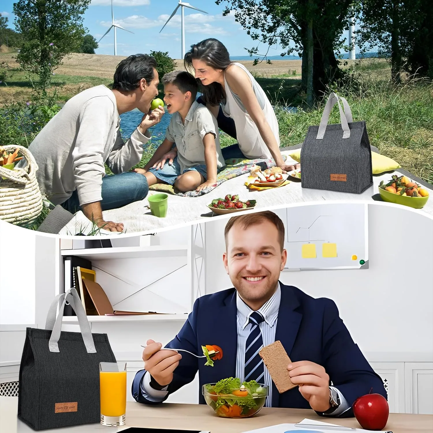 12 Pack Lunch Bags Bulk,Insulated Reusable Lunch Bags with Aluminum for Women Men,Leakproof Tote Large Lunch Box for Office,Work,Beach or Travel,Black