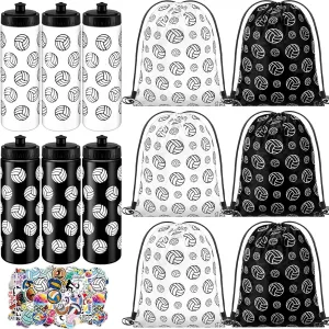 12 Pcs Volleyball Water Bottle Volleyball Drawstring Bag Set with 50 Sticker Volleyball Party Favors 6 Reusable Sports Squeeze Water Bottle 20oz 6 Volleyball Goodie Gift Bag for Volleyball Team Gifts
