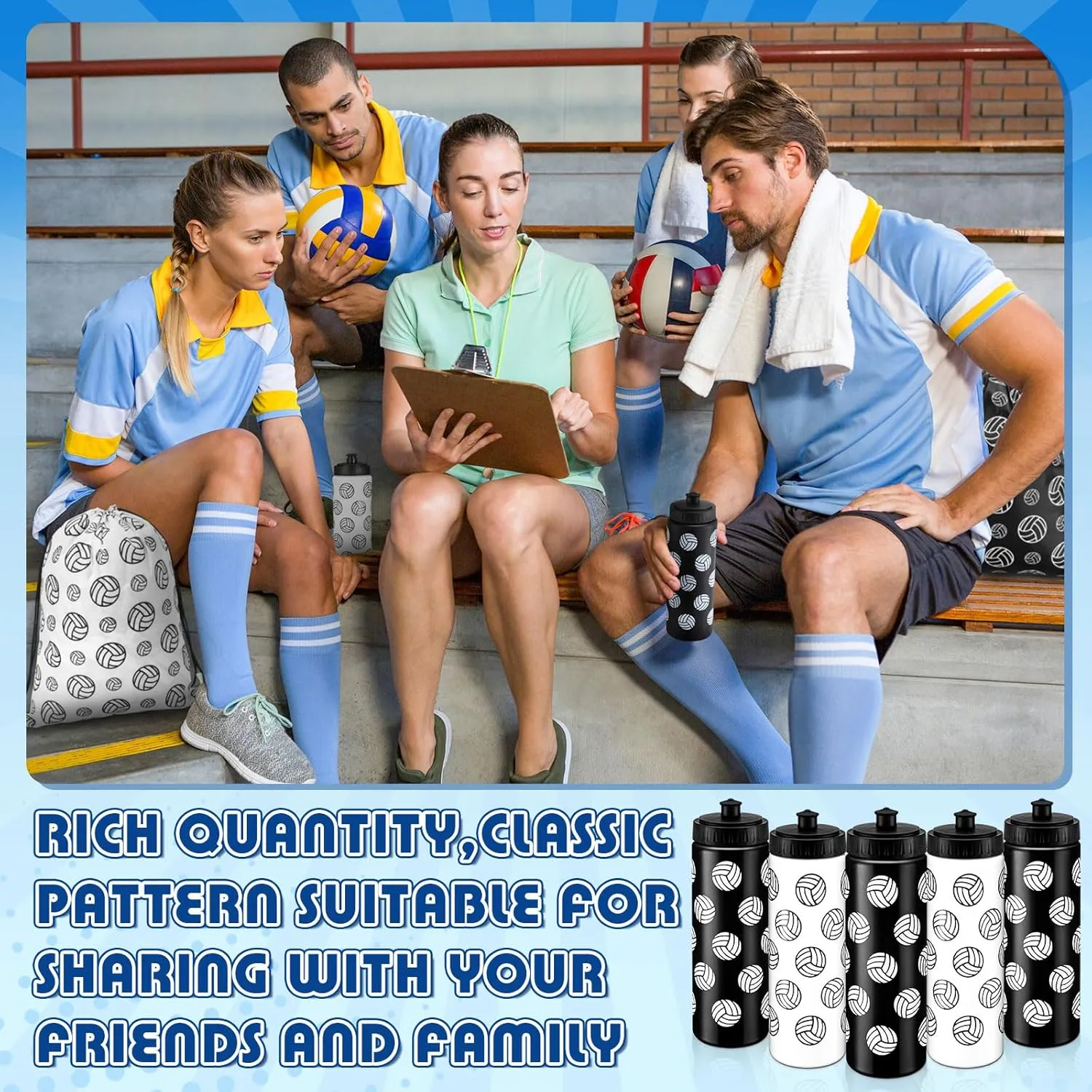 12 Pcs Volleyball Water Bottle Volleyball Drawstring Bag Set with 50 Sticker Volleyball Party Favors 6 Reusable Sports Squeeze Water Bottle 20oz 6 Volleyball Goodie Gift Bag for Volleyball Team Gifts