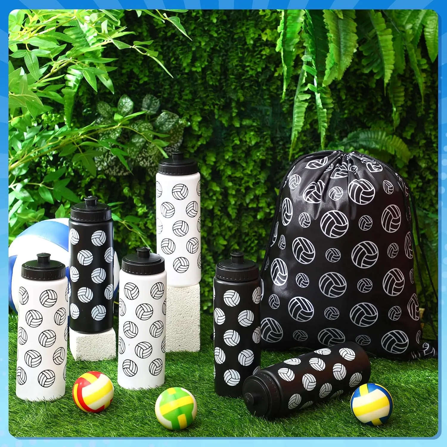 12 Pcs Volleyball Water Bottle Volleyball Drawstring Bag Set with 50 Sticker Volleyball Party Favors 6 Reusable Sports Squeeze Water Bottle 20oz 6 Volleyball Goodie Gift Bag for Volleyball Team Gifts