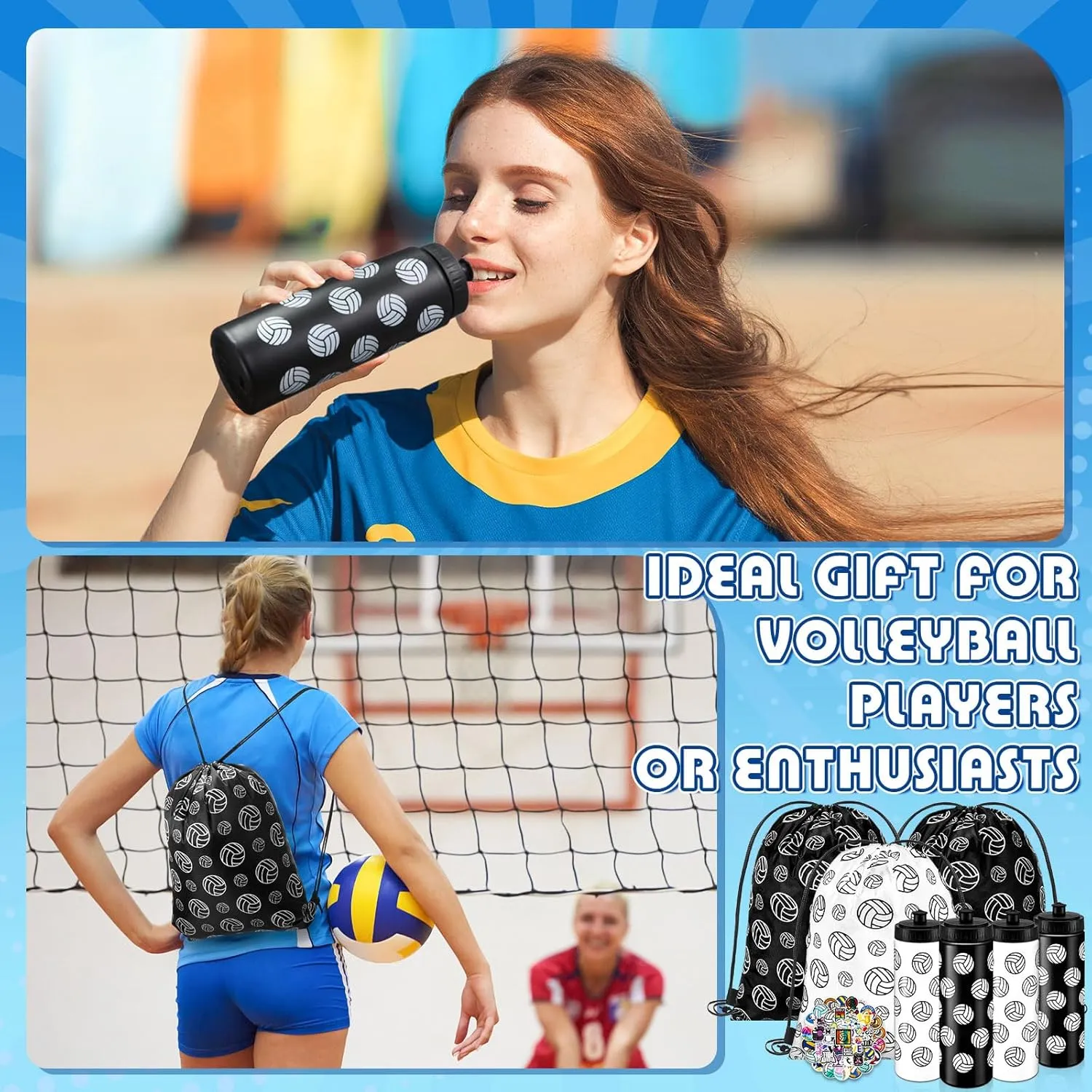 12 Pcs Volleyball Water Bottle Volleyball Drawstring Bag Set with 50 Sticker Volleyball Party Favors 6 Reusable Sports Squeeze Water Bottle 20oz 6 Volleyball Goodie Gift Bag for Volleyball Team Gifts
