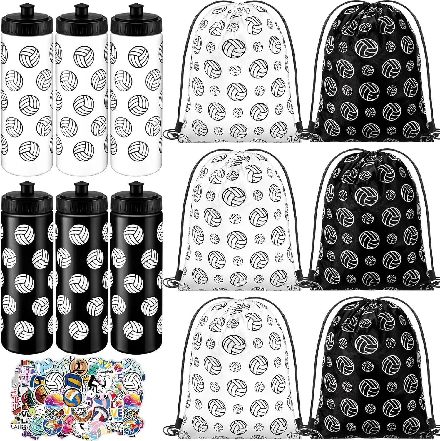 12 Pcs Volleyball Water Bottle Volleyball Drawstring Bag Set with 50 Sticker Volleyball Party Favors 6 Reusable Sports Squeeze Water Bottle 20oz 6 Volleyball Goodie Gift Bag for Volleyball Team Gifts