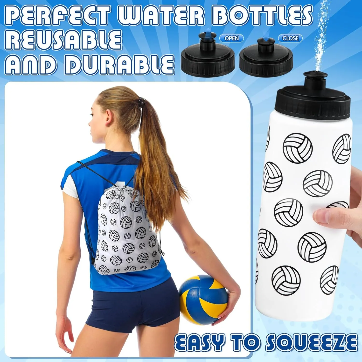 12 Pcs Volleyball Water Bottle Volleyball Drawstring Bag Set with 50 Sticker Volleyball Party Favors 6 Reusable Sports Squeeze Water Bottle 20oz 6 Volleyball Goodie Gift Bag for Volleyball Team Gifts