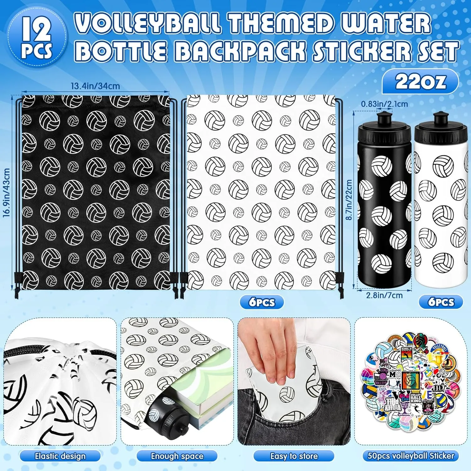 12 Pcs Volleyball Water Bottle Volleyball Drawstring Bag Set with 50 Sticker Volleyball Party Favors 6 Reusable Sports Squeeze Water Bottle 20oz 6 Volleyball Goodie Gift Bag for Volleyball Team Gifts