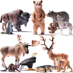 12PCS North American Woodland Animals Figurines Toys, Realistic Jungle Wild Animal Figures Includes Wolf,Bear,Eagle,Raccoon Toys, Cake Toppers Birthday Gift Party Favors Toys for Toddlers Kids