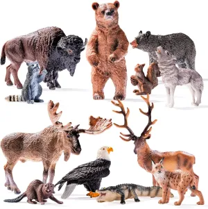 12PCS North American Woodland Animals Figurines Toys, Realistic Jungle Wild Animal Figures Includes Wolf,Bear,Eagle,Raccoon Toys, Cake Toppers Birthday Gift Party Favors Toys for Toddlers Kids