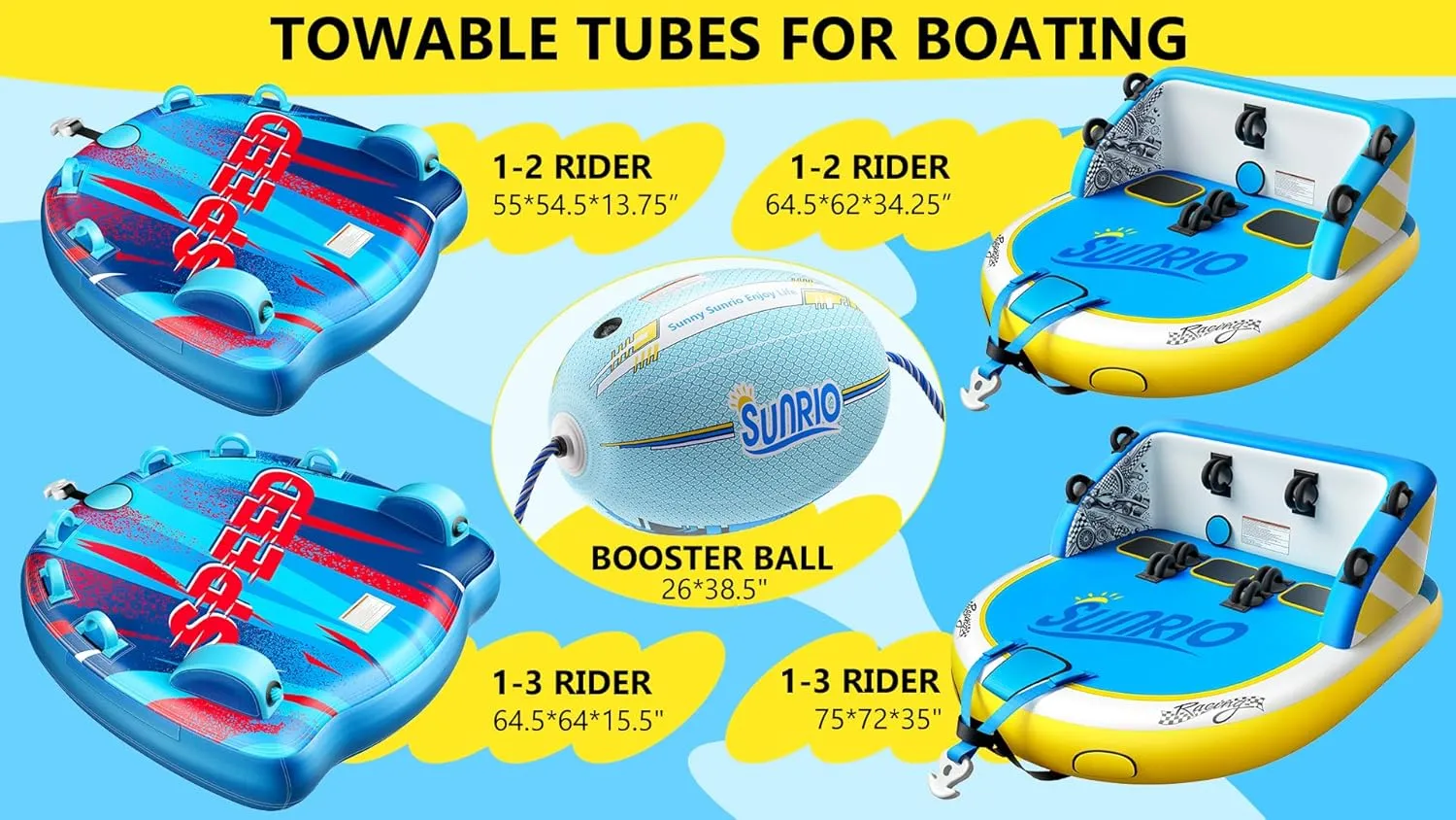 2025 Upgrade Towable Tubes for Boating 1-3 Riders Inflatable Water Sport Towable Tube for Boat Heavy Duty Nylon Cover with Zipper Bolster Fins Safety Air Valve Padded Handle