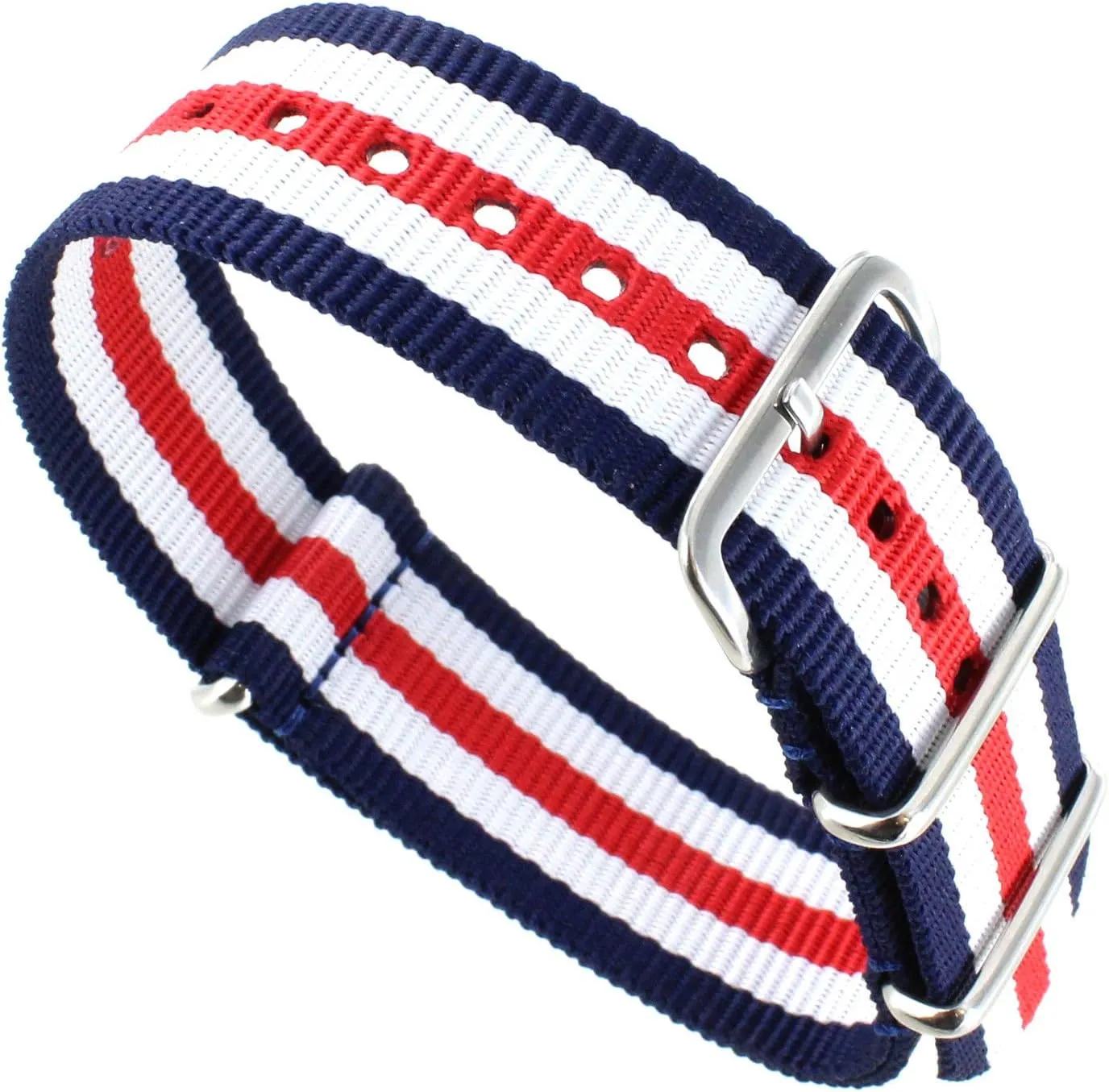 20mm deBeer Red White Navy g10 Military Ballistic Nylon 4-Ring Watch Band 275