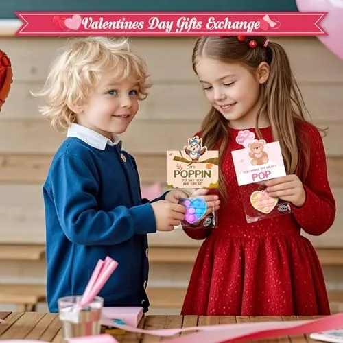 24 Pack Valentines Cards with Heart-shape Keychains, Valentines Day Gifts for Kids, Pop Fidget Toys for Valentines Kids Classroom Exchange, Valentine's Party Favors Prizes for Boys & Girls(8 Styles)