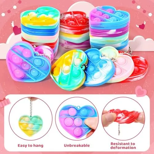 24 Pack Valentines Cards with Heart-shape Keychains, Valentines Day Gifts for Kids, Pop Fidget Toys for Valentines Kids Classroom Exchange, Valentine's Party Favors Prizes for Boys & Girls(8 Styles)