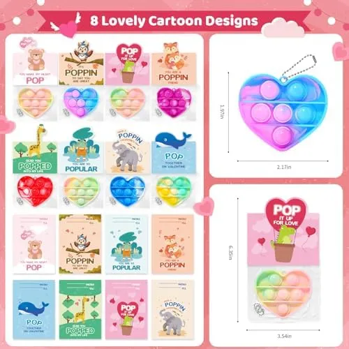 24 Pack Valentines Cards with Heart-shape Keychains, Valentines Day Gifts for Kids, Pop Fidget Toys for Valentines Kids Classroom Exchange, Valentine's Party Favors Prizes for Boys & Girls(8 Styles)