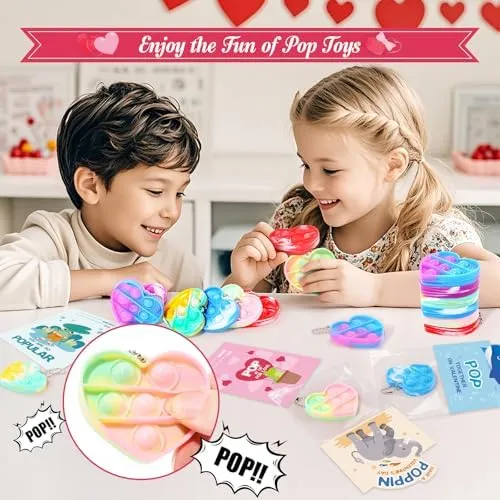 24 Pack Valentines Cards with Heart-shape Keychains, Valentines Day Gifts for Kids, Pop Fidget Toys for Valentines Kids Classroom Exchange, Valentine's Party Favors Prizes for Boys & Girls(8 Styles)