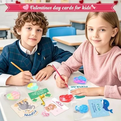 24 Pack Valentines Cards with Heart-shape Keychains, Valentines Day Gifts for Kids, Pop Fidget Toys for Valentines Kids Classroom Exchange, Valentine's Party Favors Prizes for Boys & Girls(8 Styles)