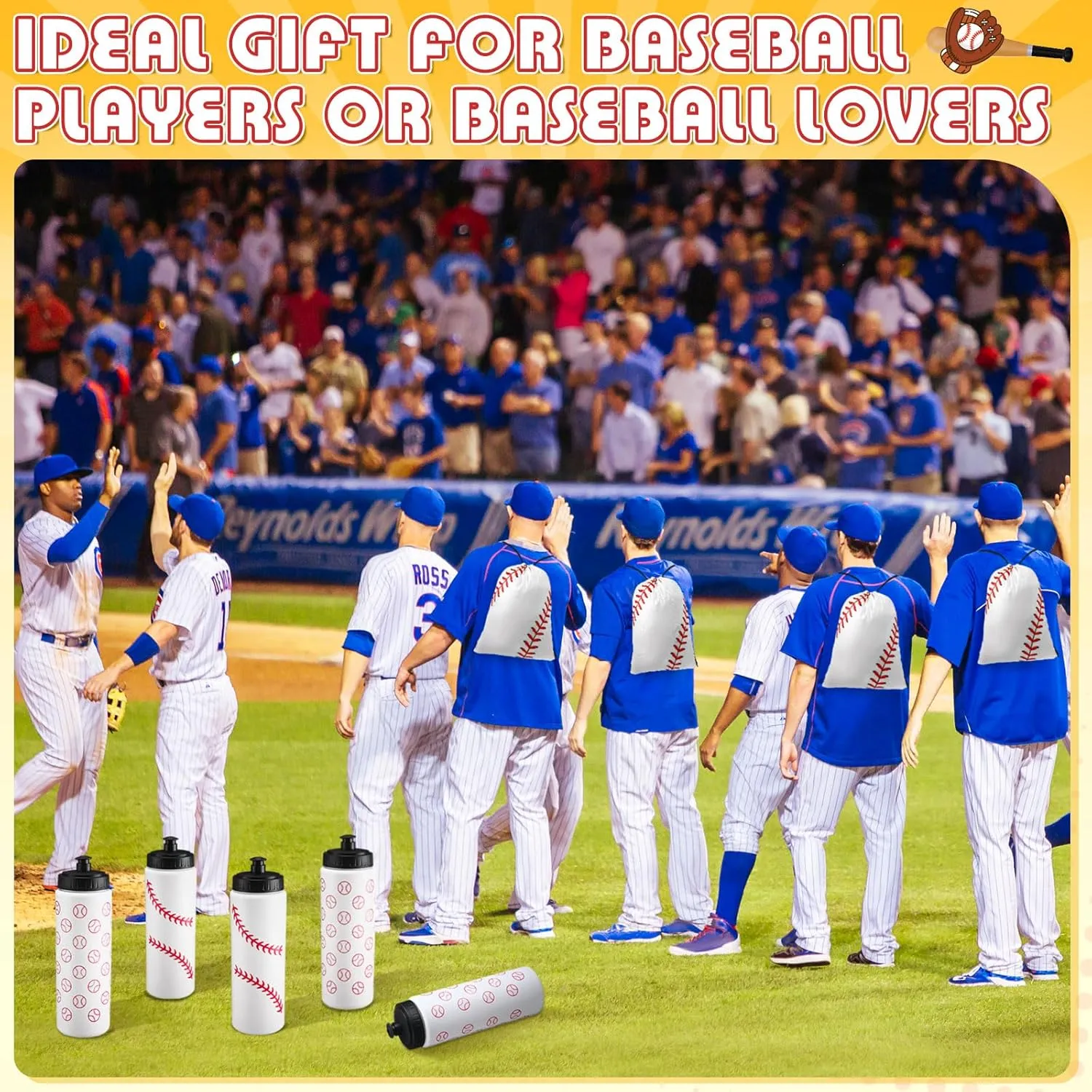 24 Pcs Baseball Water Bottles Baseball Bag Set with 50 Sticker Baseball Party Favors 12 Reusable Sports Squeeze Water Bottles 20oz 12 Baseball Goodie Gift Bag for Baseball Team Gifts Gym