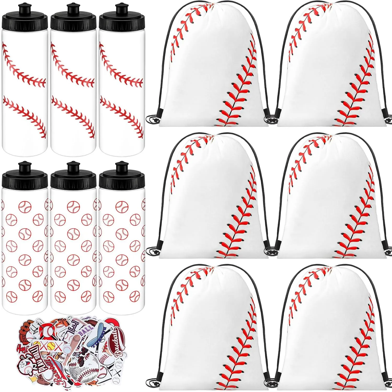 24 Pcs Baseball Water Bottles Baseball Bag Set with 50 Sticker Baseball Party Favors 12 Reusable Sports Squeeze Water Bottles 20oz 12 Baseball Goodie Gift Bag for Baseball Team Gifts Gym