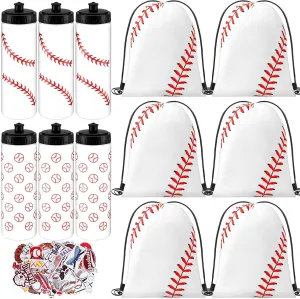 24 Pcs Baseball Water Bottles Baseball Bag Set with 50 Sticker Baseball Party Favors 12 Reusable Sports Squeeze Water Bottles 20oz 12 Baseball Goodie Gift Bag for Baseball Team Gifts Gym