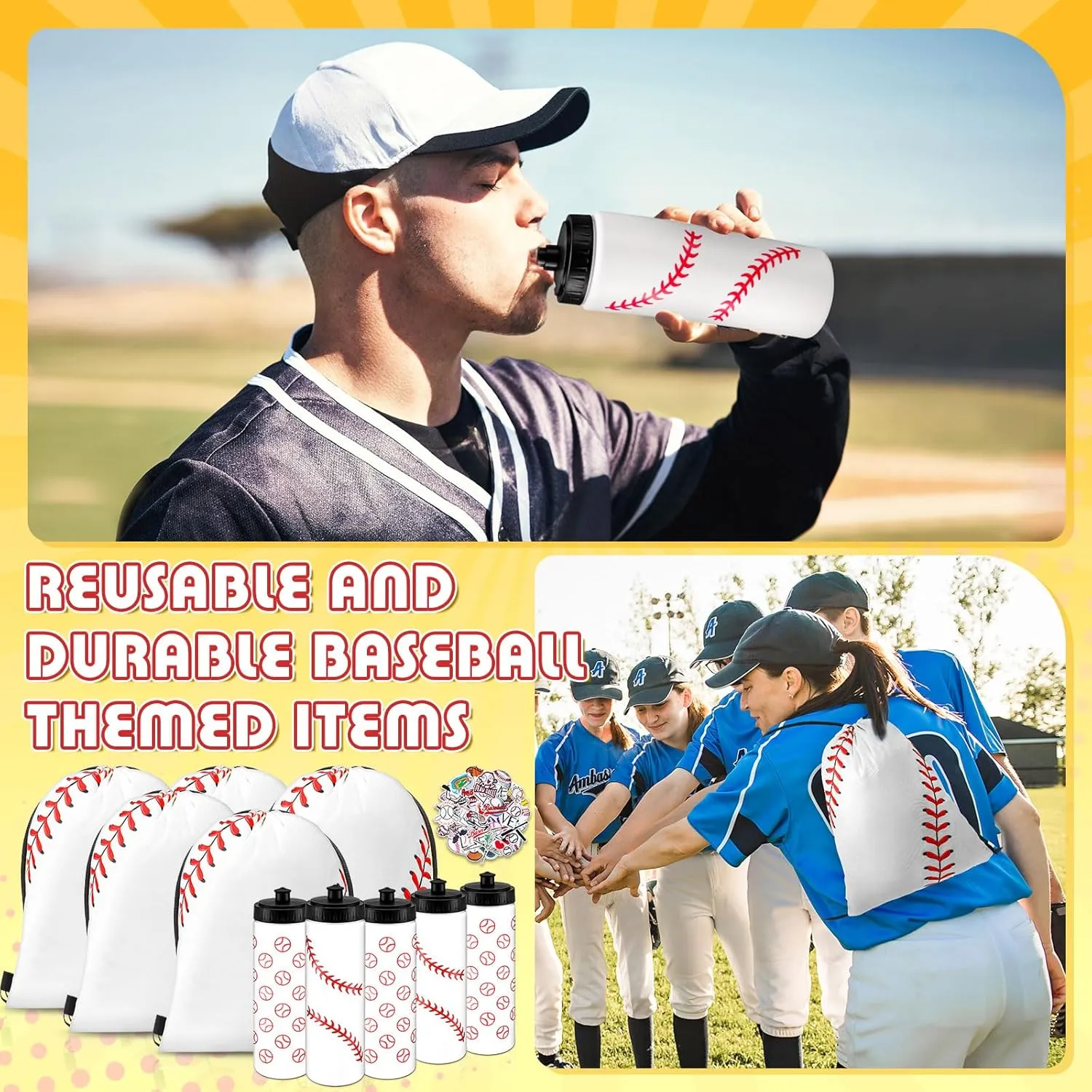 24 Pcs Baseball Water Bottles Baseball Bag Set with 50 Sticker Baseball Party Favors 12 Reusable Sports Squeeze Water Bottles 20oz 12 Baseball Goodie Gift Bag for Baseball Team Gifts Gym