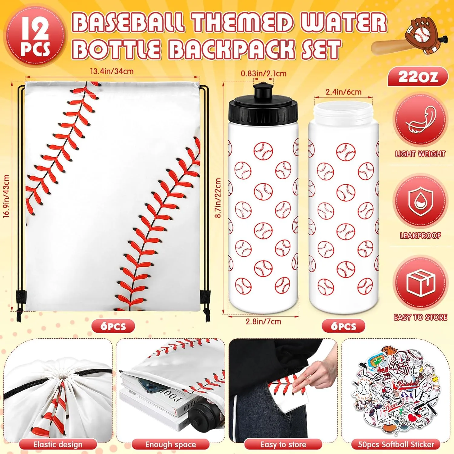 24 Pcs Baseball Water Bottles Baseball Bag Set with 50 Sticker Baseball Party Favors 12 Reusable Sports Squeeze Water Bottles 20oz 12 Baseball Goodie Gift Bag for Baseball Team Gifts Gym