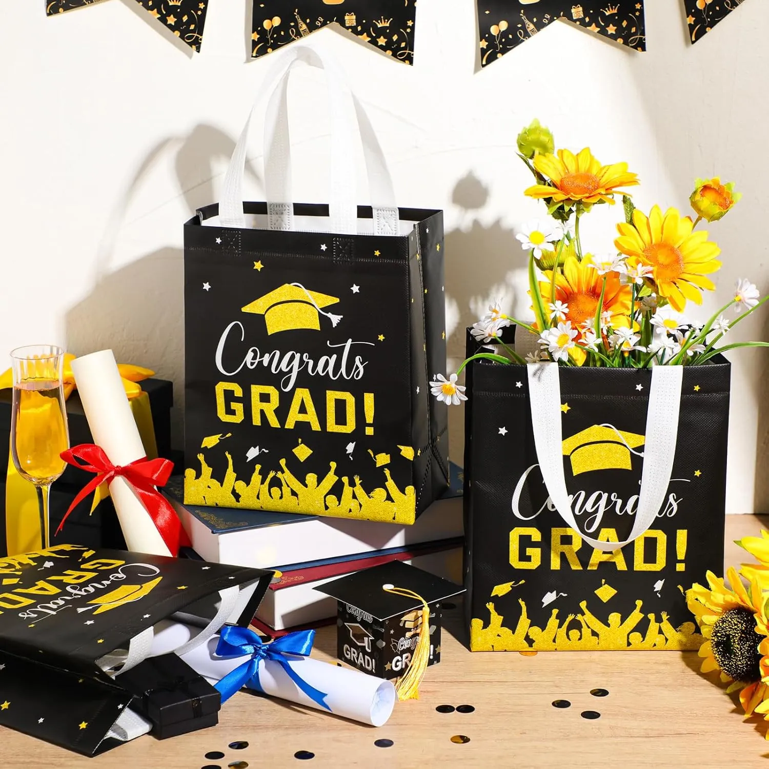 24 Pcs Graduation Gift Bags 2025 Reusable Graduation Bags Bulk with Handles, Nonwoven Congrats Grad Party Favor Tote