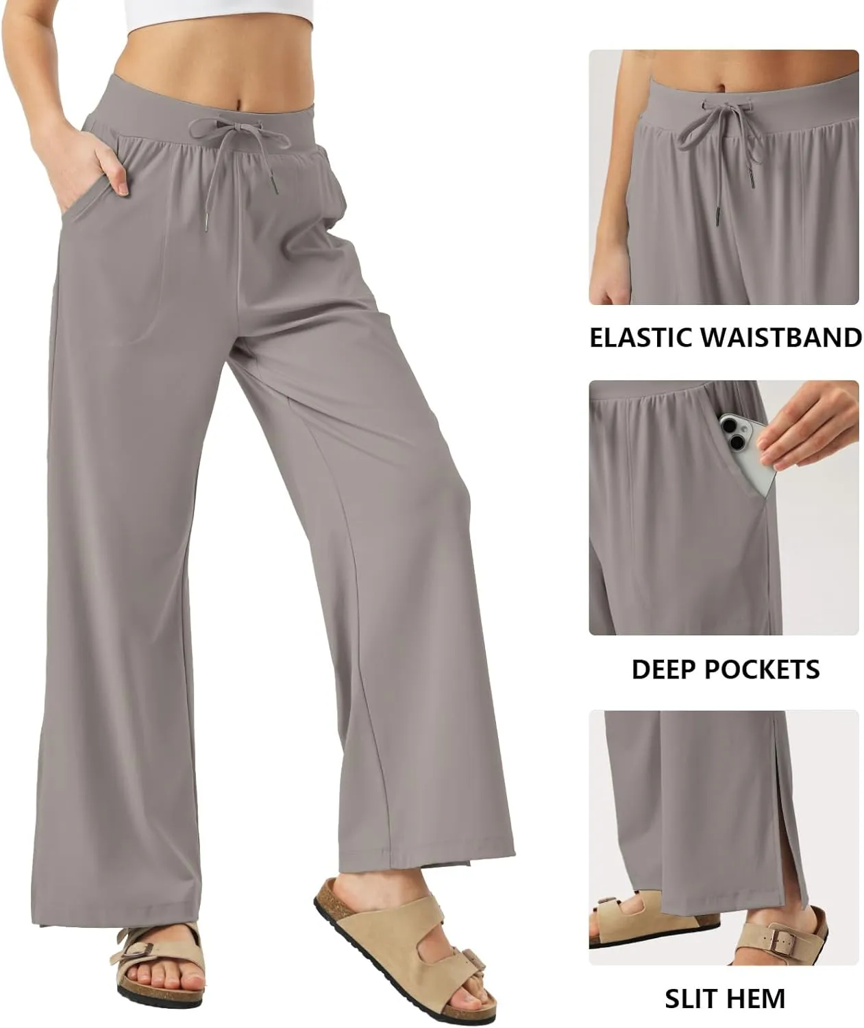 26"/28"/30" Inseam Womens Wide Leg Sweatpants Petite High Waist Summer Pants UPF50 Lightweight Beach with Pocket Split Leg