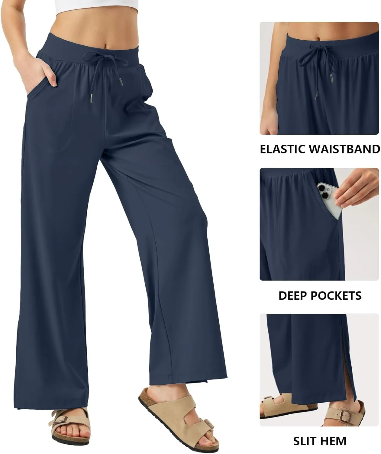 26"/28"/30" Inseam Womens Wide Leg Sweatpants Petite High Waist Summer Pants UPF50 Lightweight Beach with Pocket Split Leg