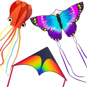 3 Pack Kites, Kite for Kids 4-8 8-12, Puple Butterfly, Colorful Delta and Red Octopus with String Kite for Kids Girls Boys