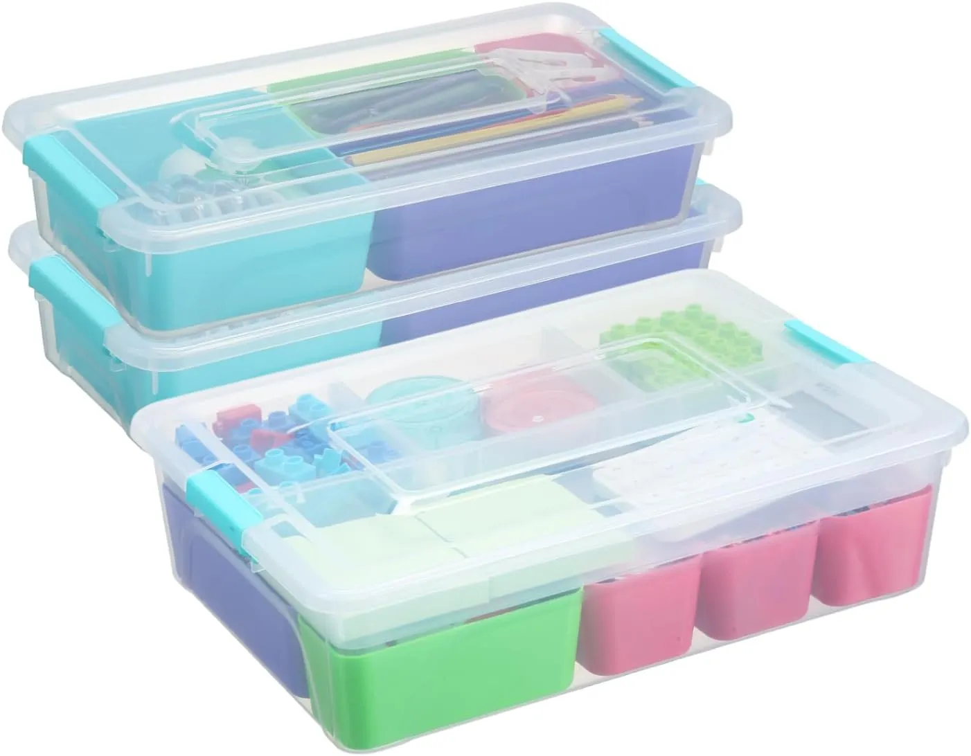 3 Pack Plastic Storage Box with Multi-colour Storage Box Art Craft Organizer with Divider for Organizing Tool, Craft