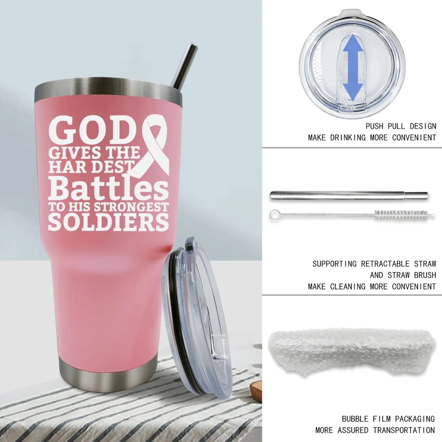 30 oz Tumbler Pink Tumbler God Gives The Hardest Battles To His Strongest Soldiers Tumbler Personalized Tumbler with Lid and Straw Insulated Tumbler Stainless Steel Tumblers