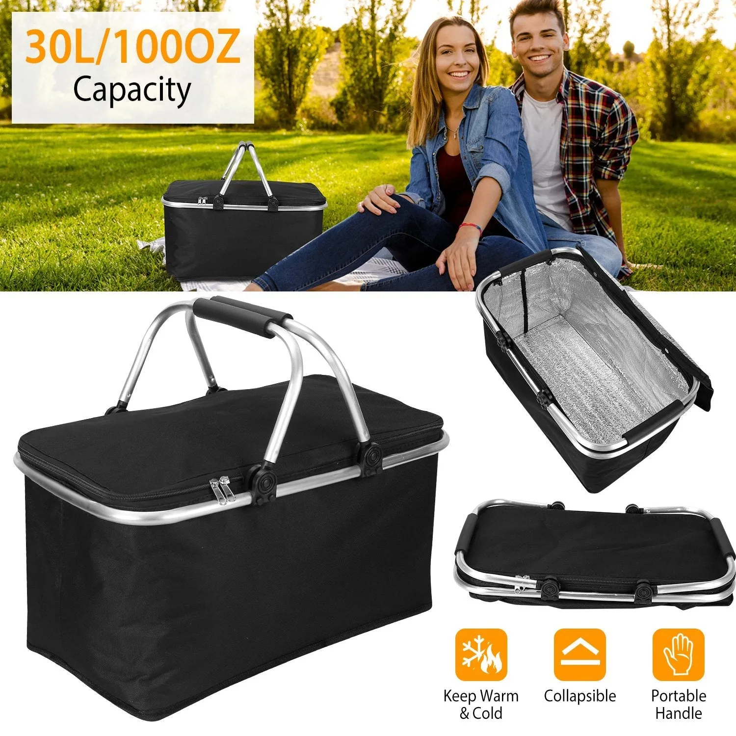 30L Insulated Picnic Basket Cooler Collapsible Food Delivery Storage