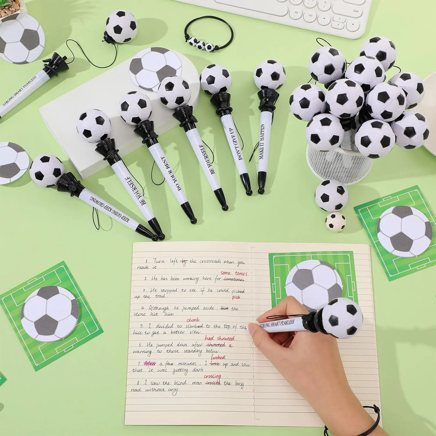 36 Pcs Soccer Party Favors Set Funny Sport Inspirational Team Gifts Set 12 Ballpoint Pens 12 Adjustable Bracelets 12 Sticky Notes for Sports Birthday Party Gifts Supplies Decors
