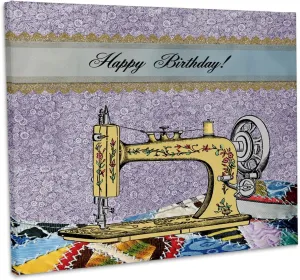 3dRose, Vintage Flowered Yellow Sewing Machine with Colorful Quilt, Birthday, Museum Grade Canvas Wrap 10x8