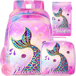 3PCS Mermaid Backpack, Water Resistant Girls Bookbag Set with Lunch Box，Cute Kids Elementary School Bag for Preschool Toddler