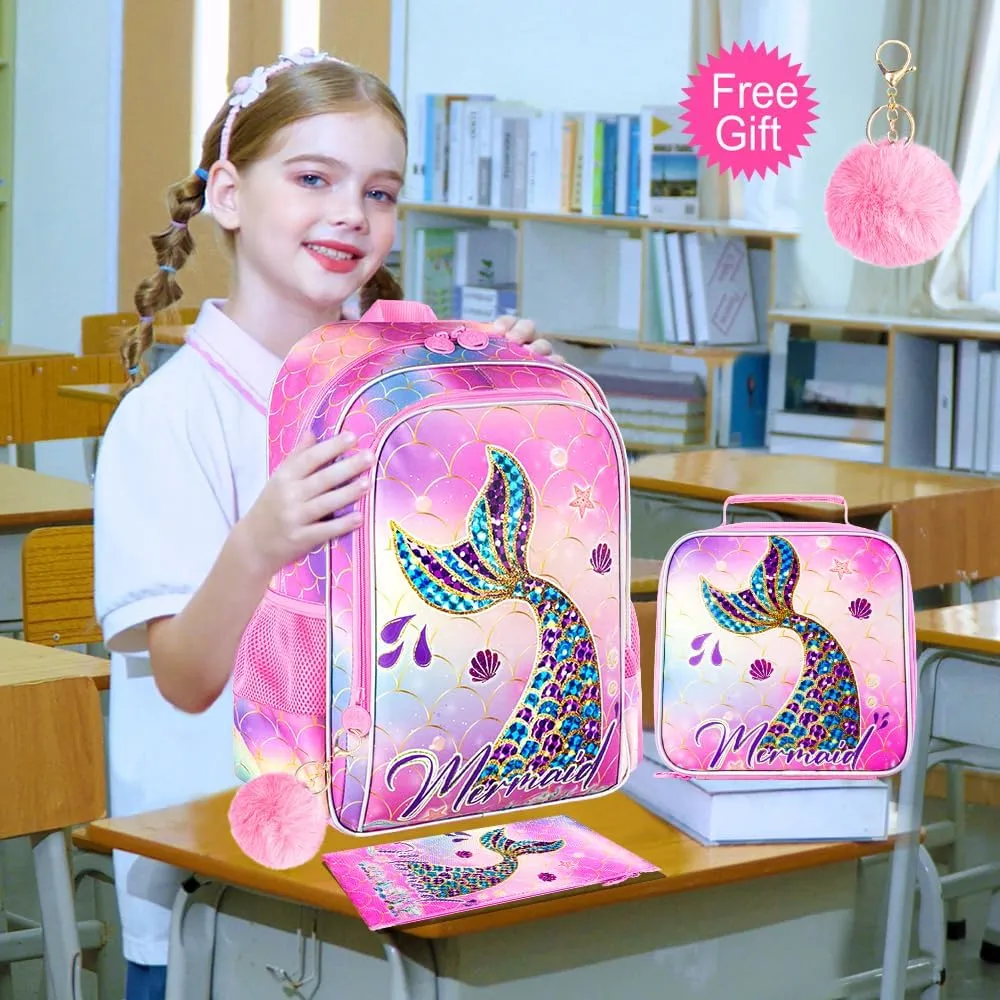 3PCS Mermaid Backpack, Water Resistant Girls Bookbag Set with Lunch Box，Cute Kids Elementary School Bag for Preschool Toddler