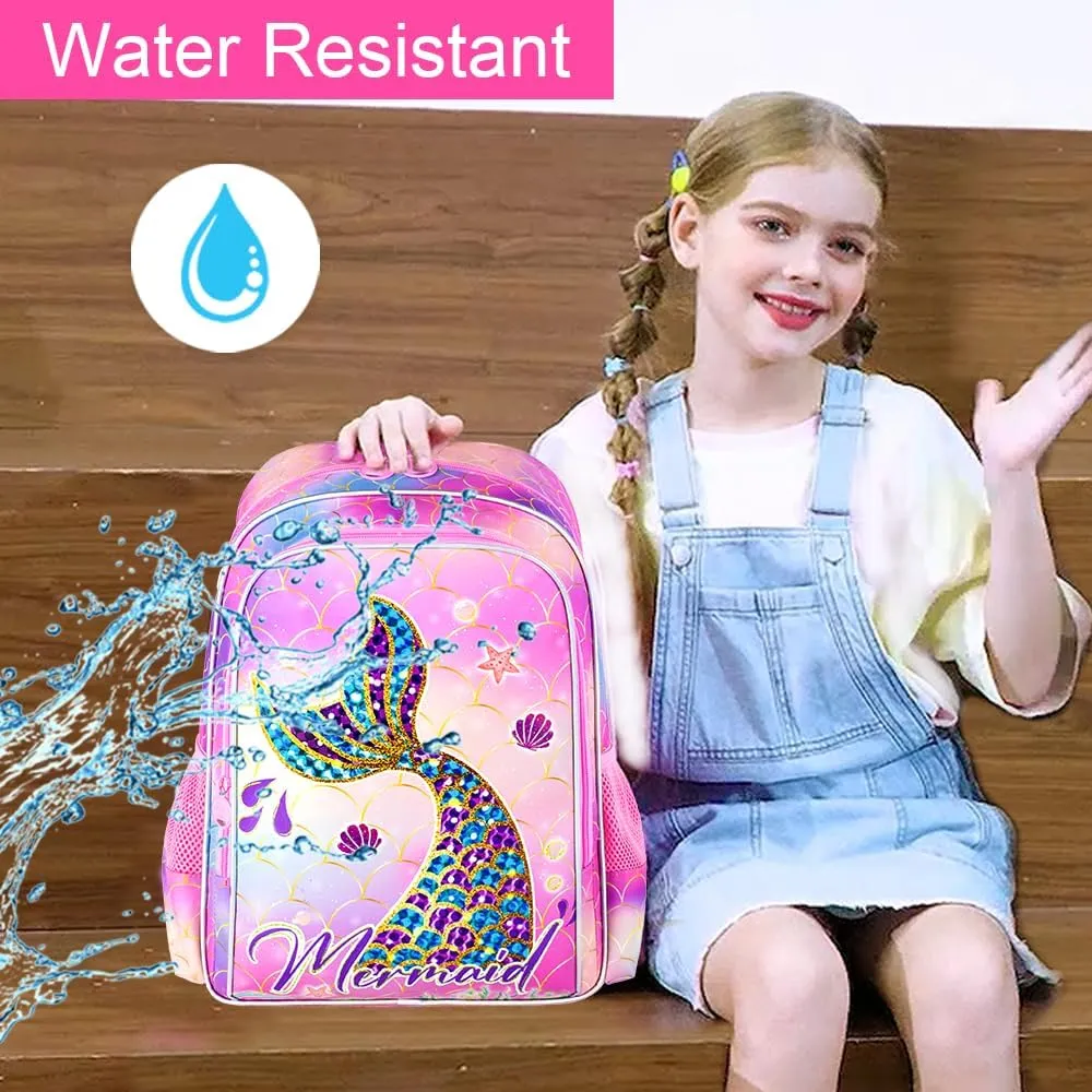 3PCS Mermaid Backpack, Water Resistant Girls Bookbag Set with Lunch Box，Cute Kids Elementary School Bag for Preschool Toddler