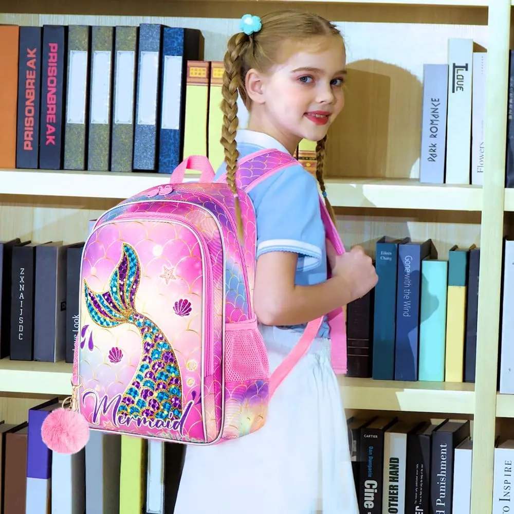 3PCS Mermaid Backpack, Water Resistant Girls Bookbag Set with Lunch Box，Cute Kids Elementary School Bag for Preschool Toddler