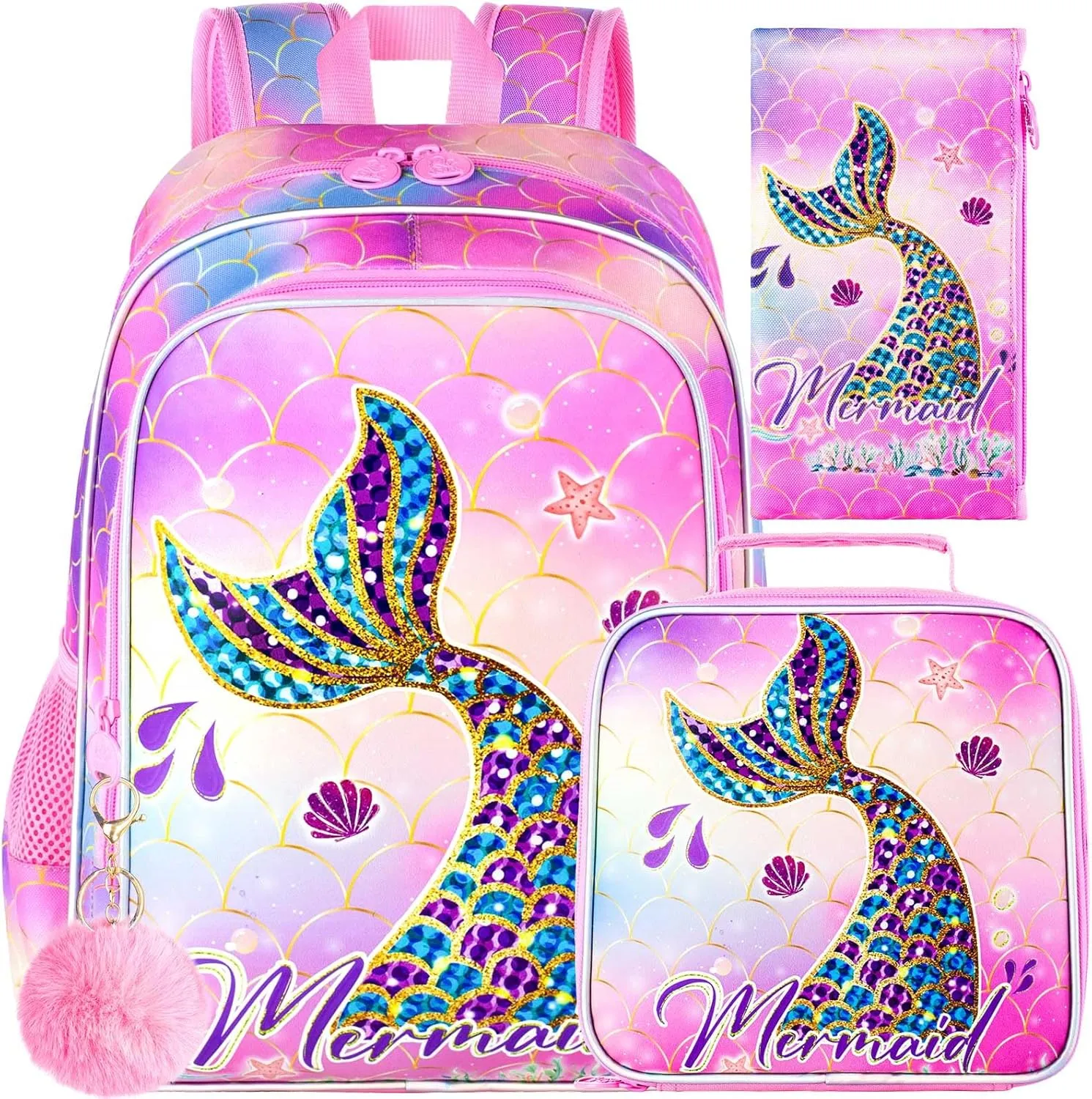 3PCS Mermaid Backpack, Water Resistant Girls Bookbag Set with Lunch Box，Cute Kids Elementary School Bag for Preschool Toddler
