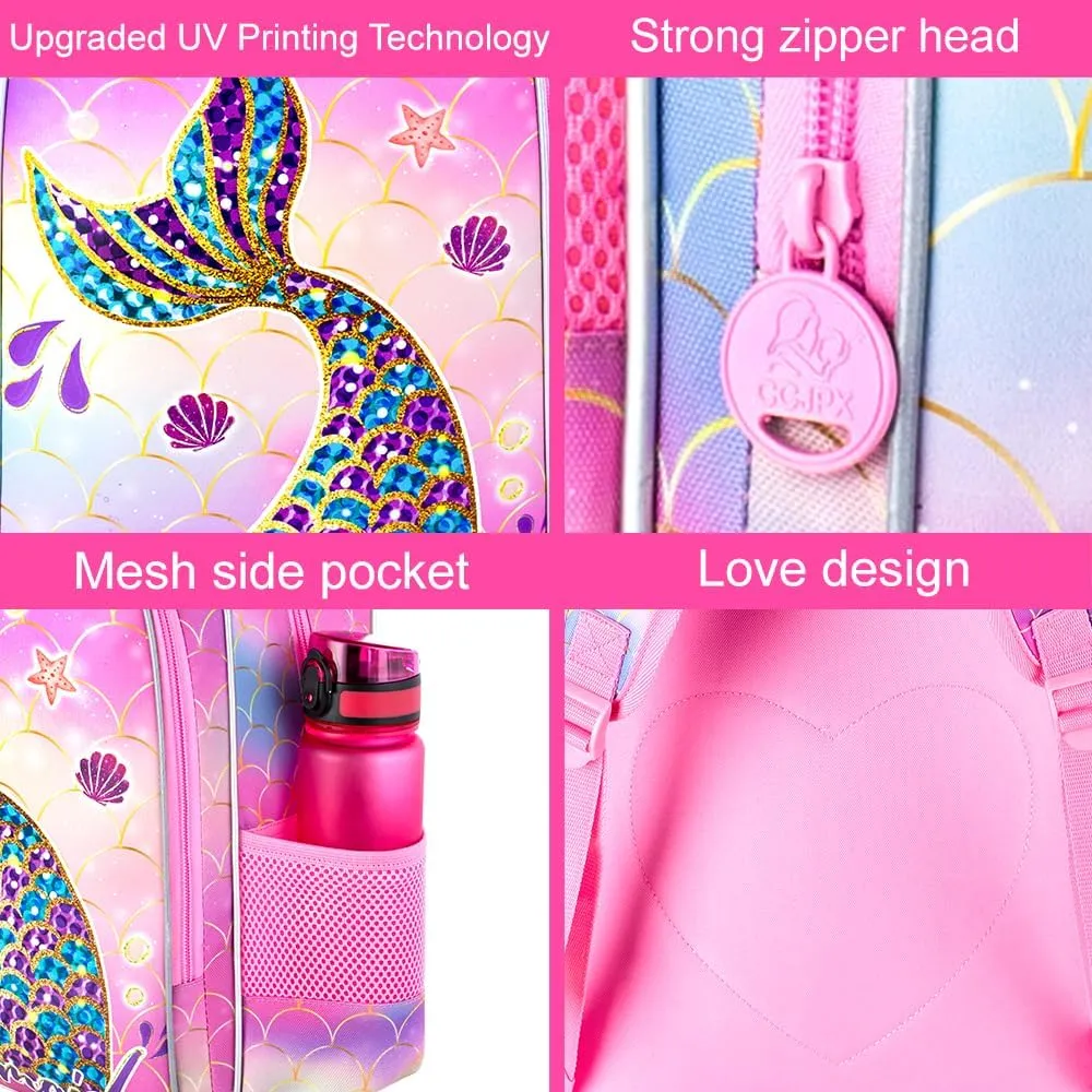 3PCS Mermaid Backpack, Water Resistant Girls Bookbag Set with Lunch Box，Cute Kids Elementary School Bag for Preschool Toddler