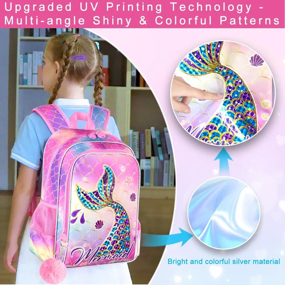 3PCS Mermaid Backpack, Water Resistant Girls Bookbag Set with Lunch Box，Cute Kids Elementary School Bag for Preschool Toddler