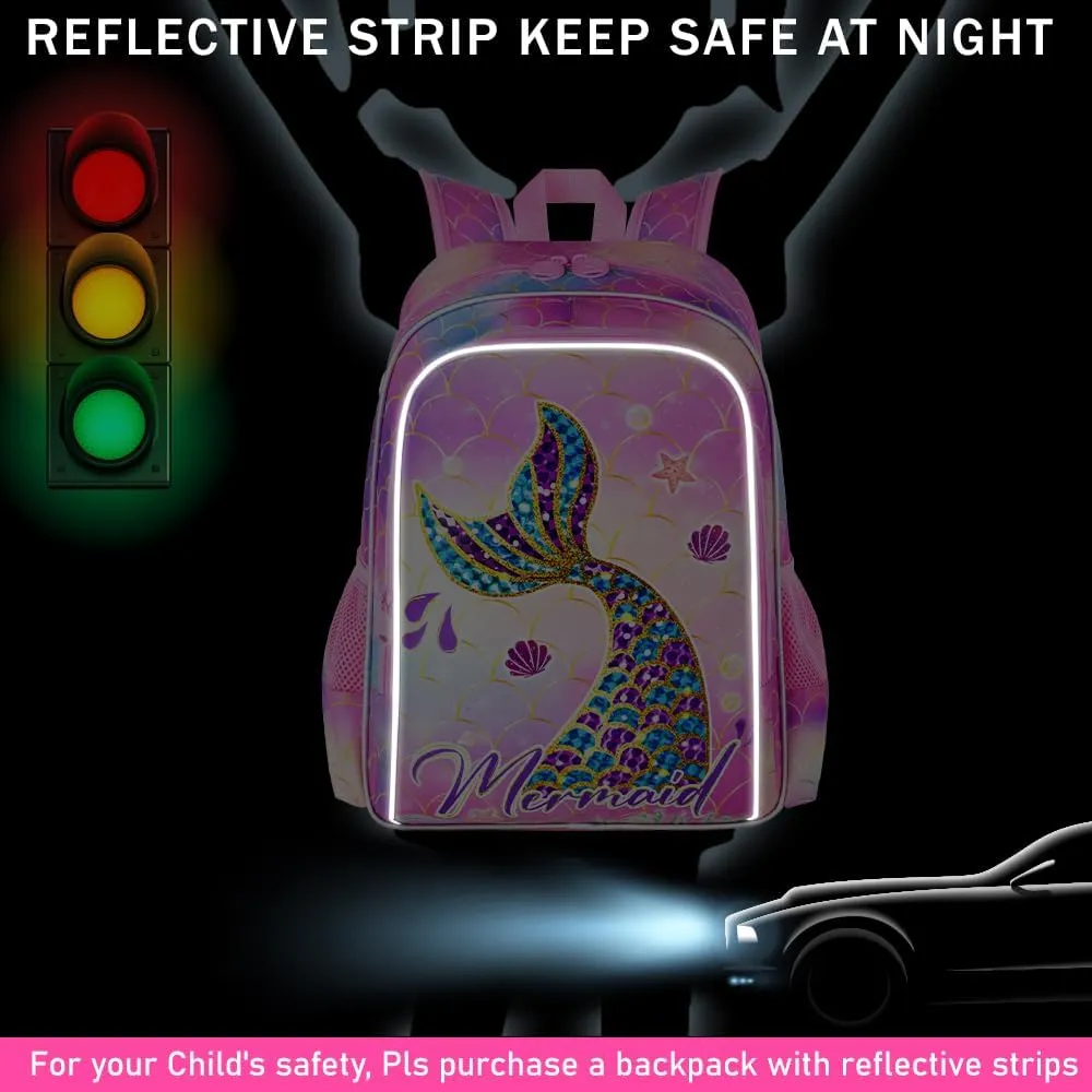 3PCS Mermaid Backpack, Water Resistant Girls Bookbag Set with Lunch Box，Cute Kids Elementary School Bag for Preschool Toddler
