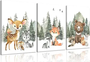 3Pcs Woodland Animal Nursery Canvas Wall Art Forest Adventure Theme Animals Picture Posters Wall Decor Cute Watercolor Deer Bear Fox Painting Print Artwork for Kids Baby Bedroom Decor 12x16in