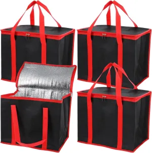 4 Pack Insulated Reusable Grocery Shopping Bags, X-Large Cooler Bag and Food Warmer, Collapsible Pizza Delivery Bags Cooler Totes with Zippered Top and Baseboard for Food Delivery, Heavy Duty