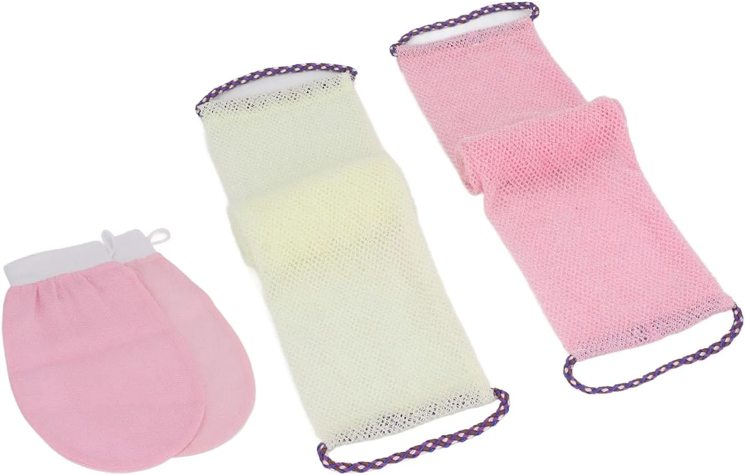 4PCS African Net Sponge Body Scrubber Nylon Bath Scrubber for Body, African Exfoliating African Scrubbing Long Net Rag with Gloves (Roseate Beige)