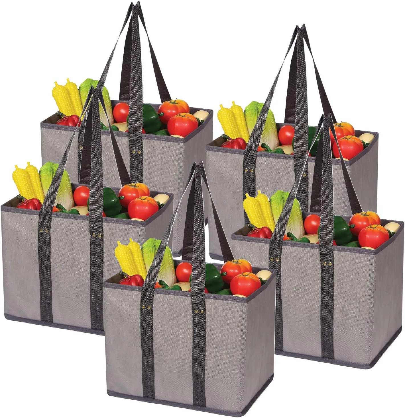 5 Pack Large Reusable Grocery Bags Foldable Durable Heavy Duty Tote Bag Set Eco Friendly Collapsible Shopping Cart Boxes Storage Bins Cubes with Long Handles Reinforced Bottom