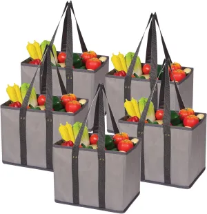 5 Pack Large Reusable Grocery Bags Foldable Durable Heavy Duty Tote Bag Set Eco Friendly Collapsible Shopping Cart Boxes Storage Bins Cubes with Long Handles Reinforced Bottom