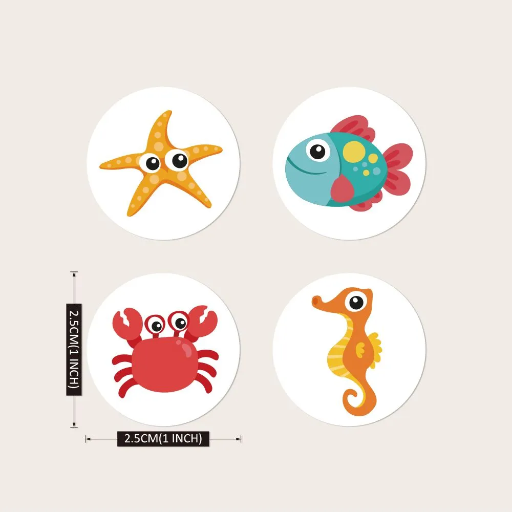 500pcs/roll Adorable Round Sea Animal Stickers; 4 Vibrant Designs Ocean Animal Stickers Cartoon Animal Labels for Kids Children